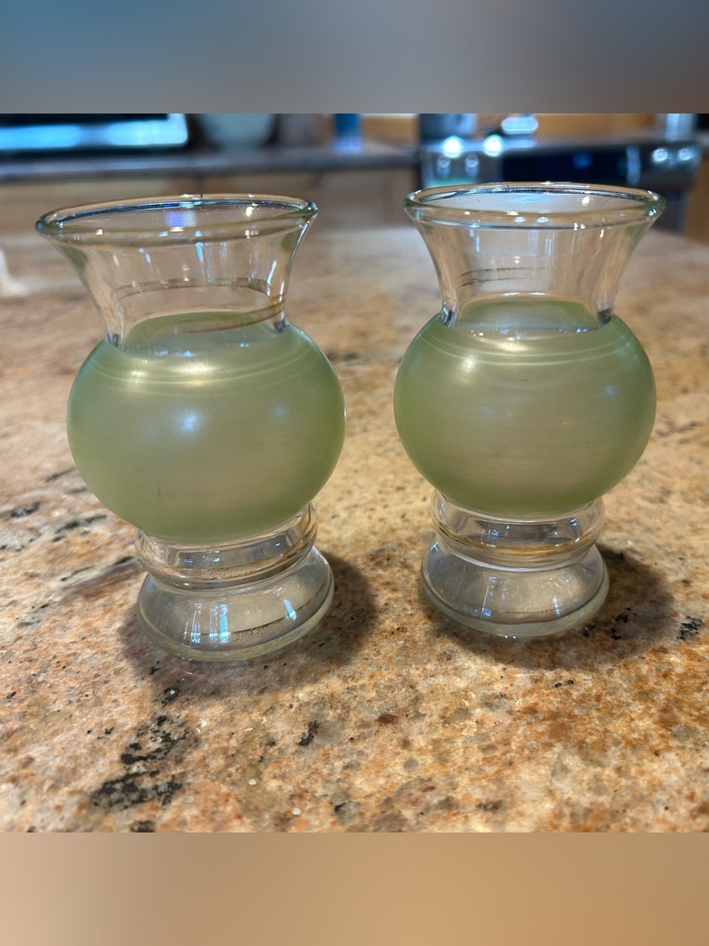 Bartlett Collins Hand-Painted Pair Satin Sage Green Glass Votives w/Gold Trim 4”